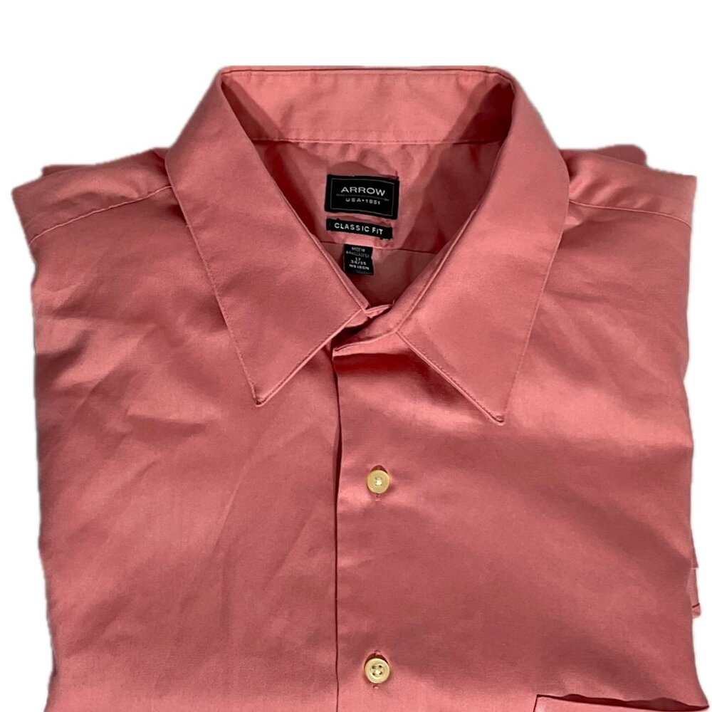 Arrow Mens 17 34/35 Pinky Peach Classic Fit Long Sleeve Button Down Shirt Coral